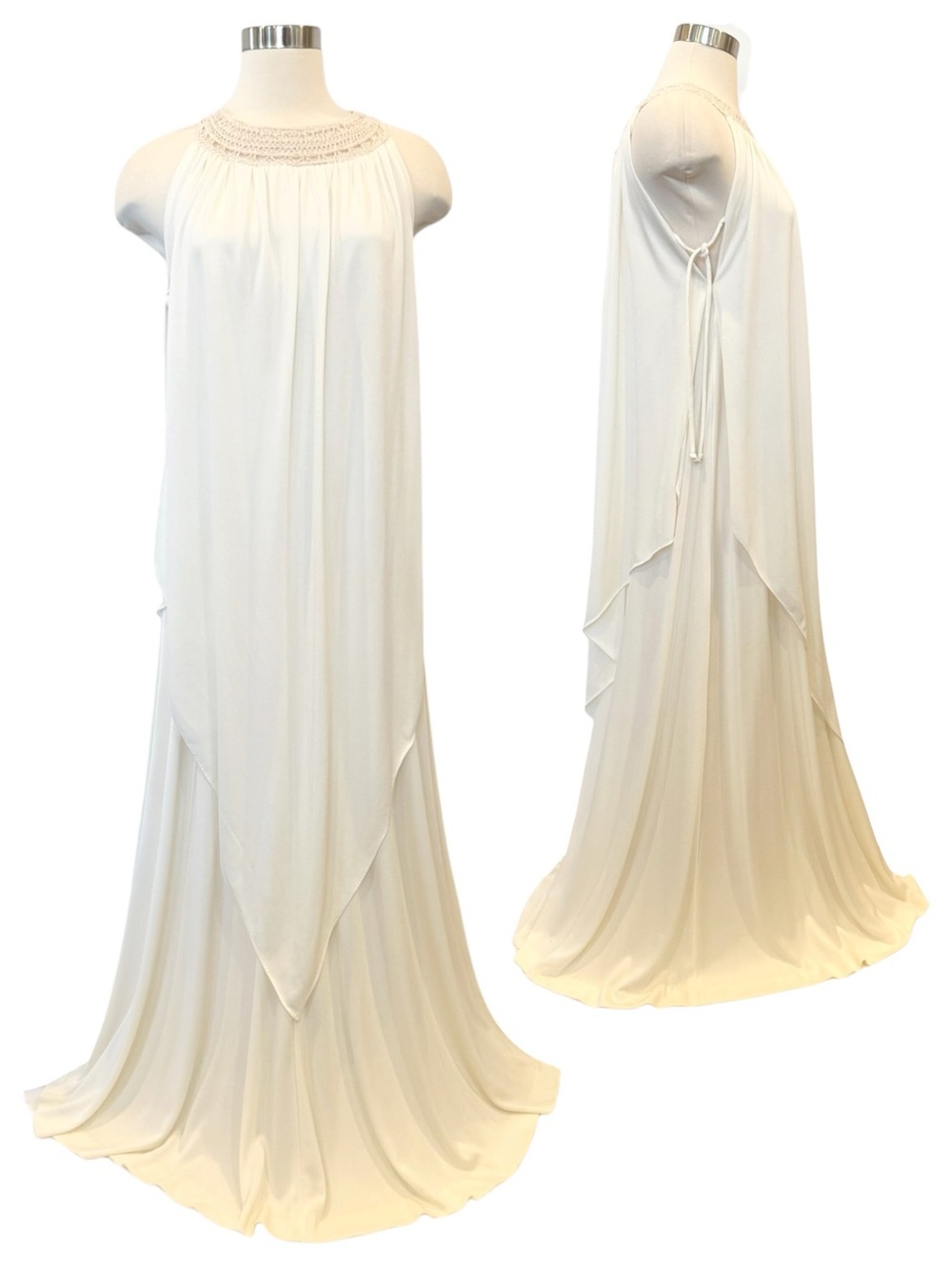 Joseph Magnin Silky Satin Ivory Vintage Goddess Maxi Gown Halter Kaftan Dress - Picture 2 of 15